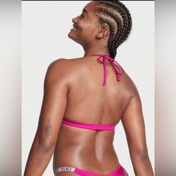 Victoria Secret Swim Bikini Top Large Dark Pink Shine Strap Bling Halter NWT - Picture 8 of 8